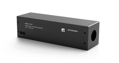 Моторизированные расширители пучка MEX15-HP для работы с излучением максимальной мощности, увеличение: 1,0x - 5,0x, рабочий диапазон: 343 - 355 нм, плотность положения пучка: < 0,5 мрад, Optogama